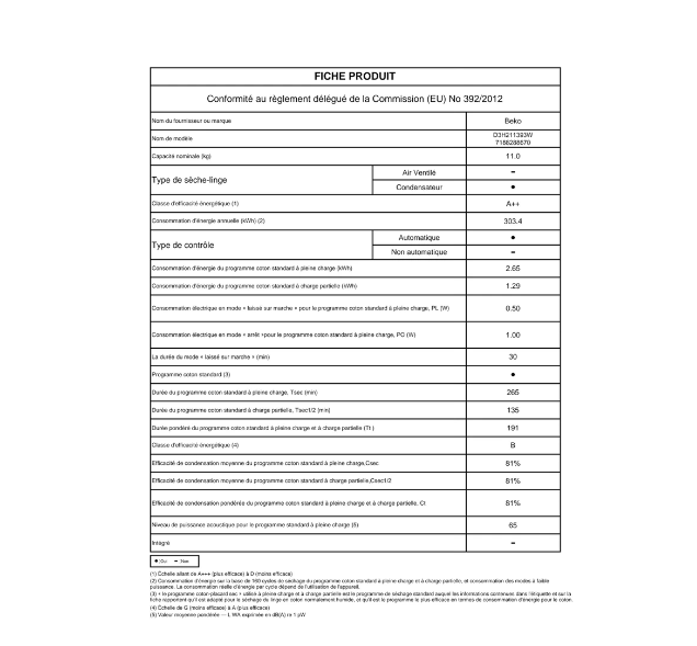 Sèche-linge pompe à chaleur Beko d3h211393w