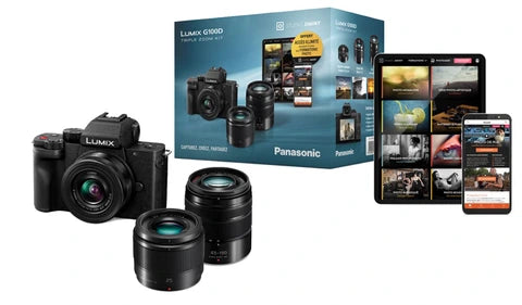 Appareil photo hybride Panasonic Pack G100D + Objectif standard 12-32mm + téléobjectif 45-150mm + focale fixe 25mm F1.7 + formation Jiminy